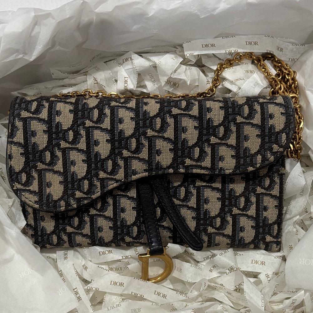 Dior Beige & Black Monogram Saddle Chain Bag with Gold Hardware